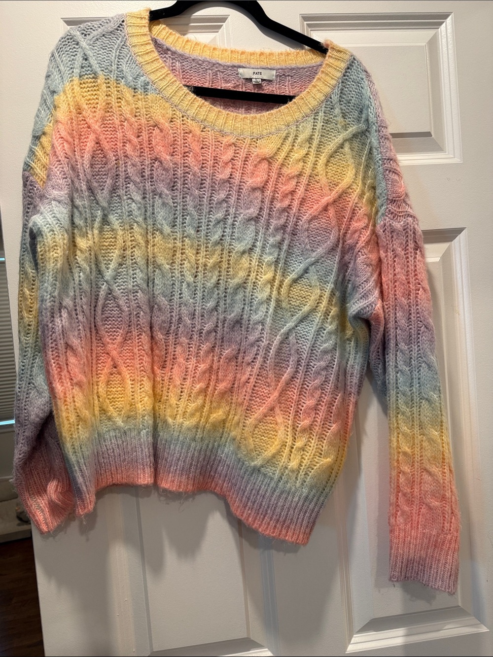Fate Pastel Rainbow Cable-Knit Crewneck Sweater
